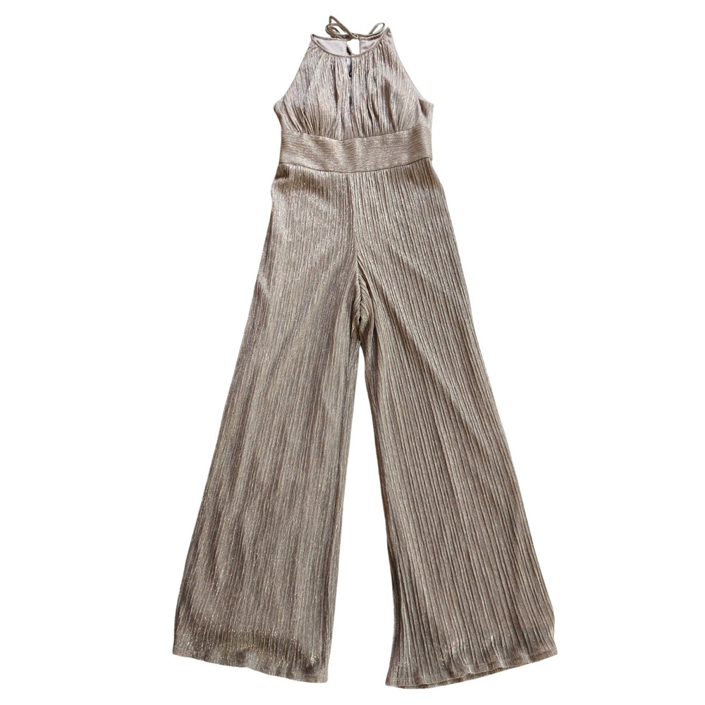 R&M Richards Womens Metallic Plisse Pleated Halter Wide Leg Jumpsuit Size 8 - Picture 2 of 12